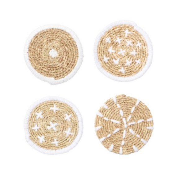 Bloomingville Round Hand-Embroidered Bohemian Seagrass, White Woven Coasters - Picture 3 of 7
